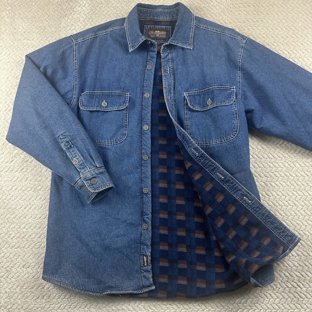 Levis Denim Shacket Jacket Men's Medium Flannel Lined Trucker Biker Grunge - Picture 1 of 13